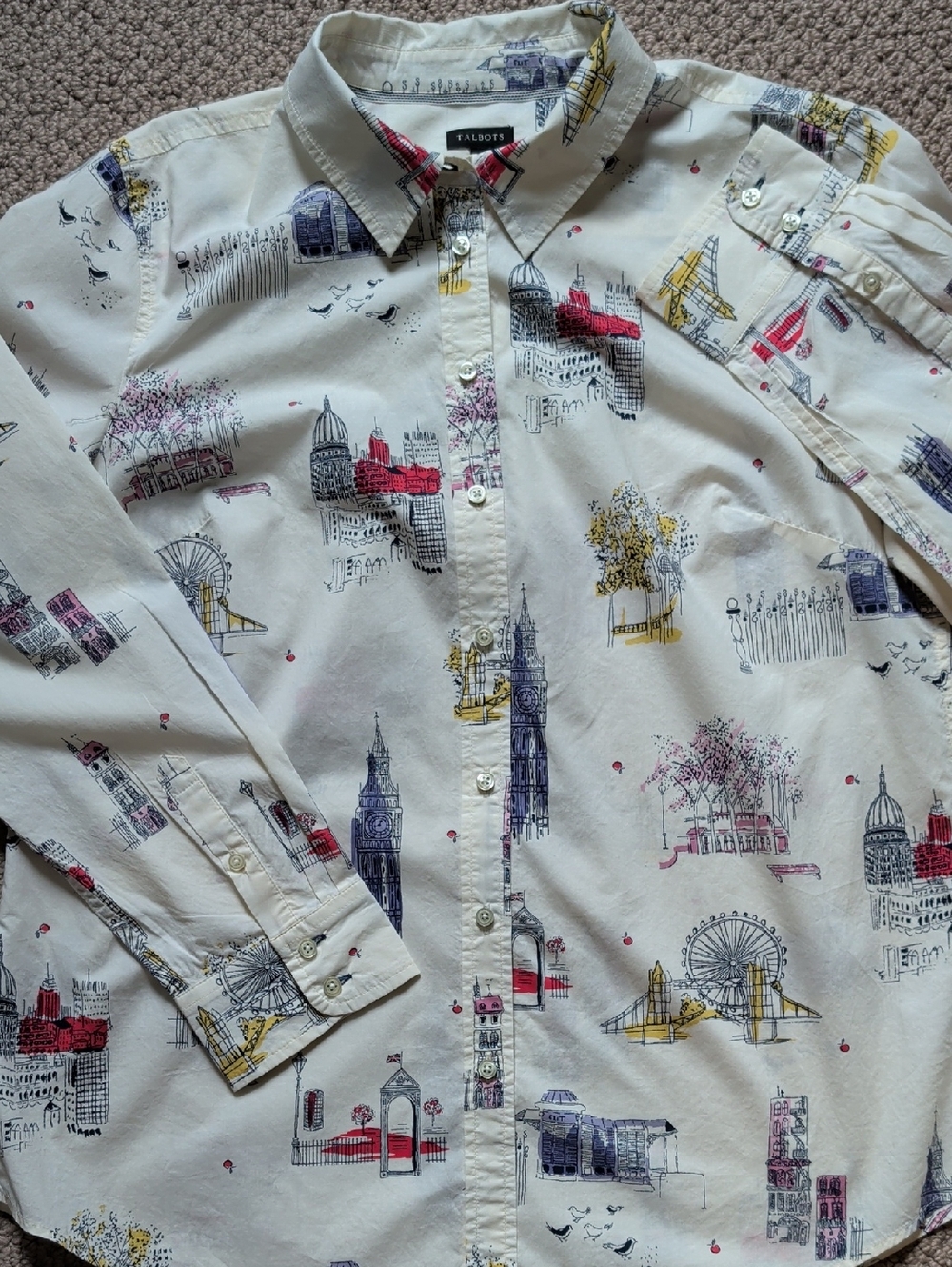 Anglophile Cream Cityscape Print Button-Up Shirt Big Ben London Eye Toile - Picture 11 of 15